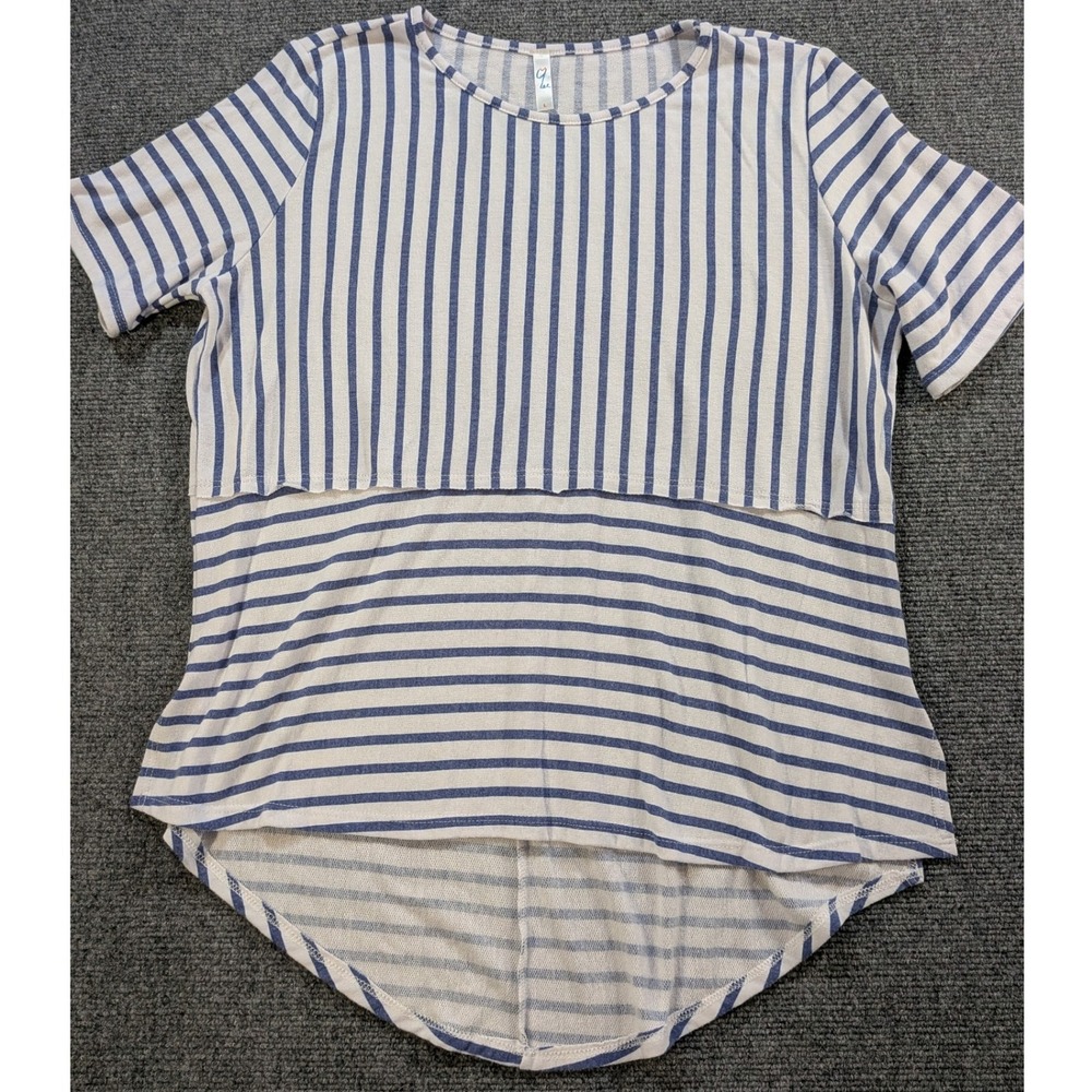 Yee Women Large Blue White Striped Short Sleeve High Low Hem